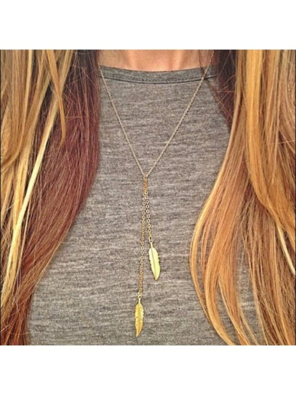 2 Feathers Pendant Drop Necklace Delicate With Adjustable Chain Gold Metal